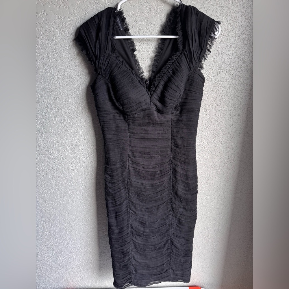 Tadashi 100% silk black pleated Texture Mini Dress fraying chic formalwear sz 4